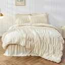 Queen Comforter Set - Ruched Comforter Queen Size Bed Set Boho Shabby Chic Bedding for Bedroom Comforter Fluffy 3 Piece Ruffle Comforter Set with Pillow White Bedding Soft (Wheat)