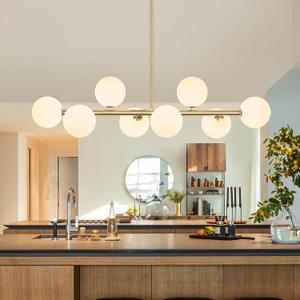 Linear Globe Chandelier, 8-Light Sputnik Chandeliers Gold Chandeliers for Dining Room Light Fixture 37" Electroplated Brass Chandelier Mid Century Linear Chandelier Milk White Glass Island Lights
