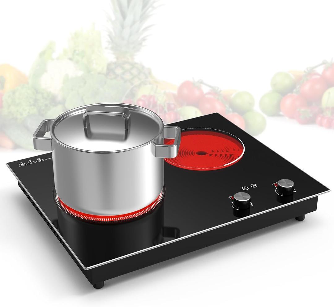 VBGK Electric Cooktop,2100W Built-in & Countertop 2 Burner Electric Cooktop,Electric Stove Top with10 Heating Level, Timer & Kid Safety Lock, LED Knob Touch Control Electric Burner with Plug