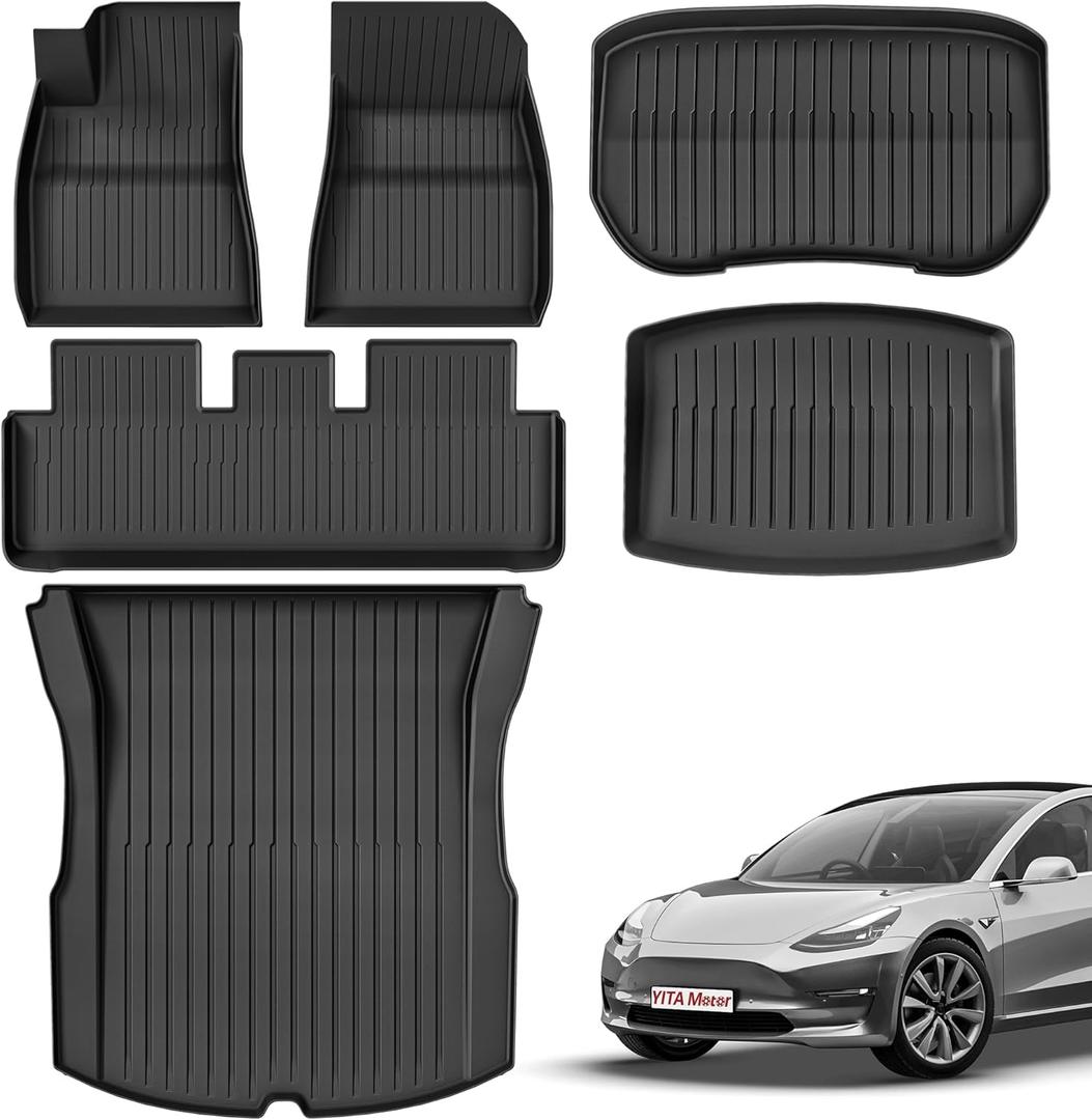 Floor Mats TPE-LITE Fit for 2024 2025 Tesla Model 3 Highland, 2 Rows & Cargo Mats Set, Full Cover Car Mats with Front Rear Cargo Mat TPE All-Weather Floor Mats 2025 Model 3 Accessories