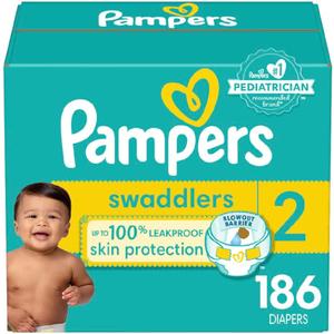 Pampers Swaddlers Diapers, Size 2 (10-22 lbs), 186 Count, Absorbent, Keeps Baby Dry and Comfortable, Skin Safe Disposable Baby Diaper