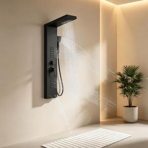 ROVATE Shower Panel Tower System with Rainfall Shower Head, Elegant Matte Black Shower Tower with Powerful Body Jets, Handheld Shower and Tub Spout, Stainless Steel Shower Column Black High Pressure