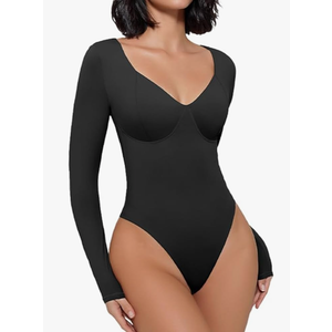 Avidlove Bodysuit for Women Long Sleeve Double Lined Tank Top V Neck Bodysuit Tummy Control Shapewear, Size S