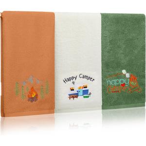 3 Pcs Camping Hand Towels for Bathroom 100% Cotton Decorative Embroidered RV Hand Towels Farmhouse Happy Campers Bathroom Decor 14 x 29 Inch Rustic Vintage Gifts for Camping RV Kitchen