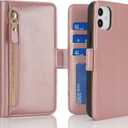 For iPhone 11 Phone case with Card Holder iPhone 11 case Wallet Zipper for Women Men PU Leather Flip Folio Credit Card Slots Stand Shockproof Phone Cover(6.1")-Rose Gold