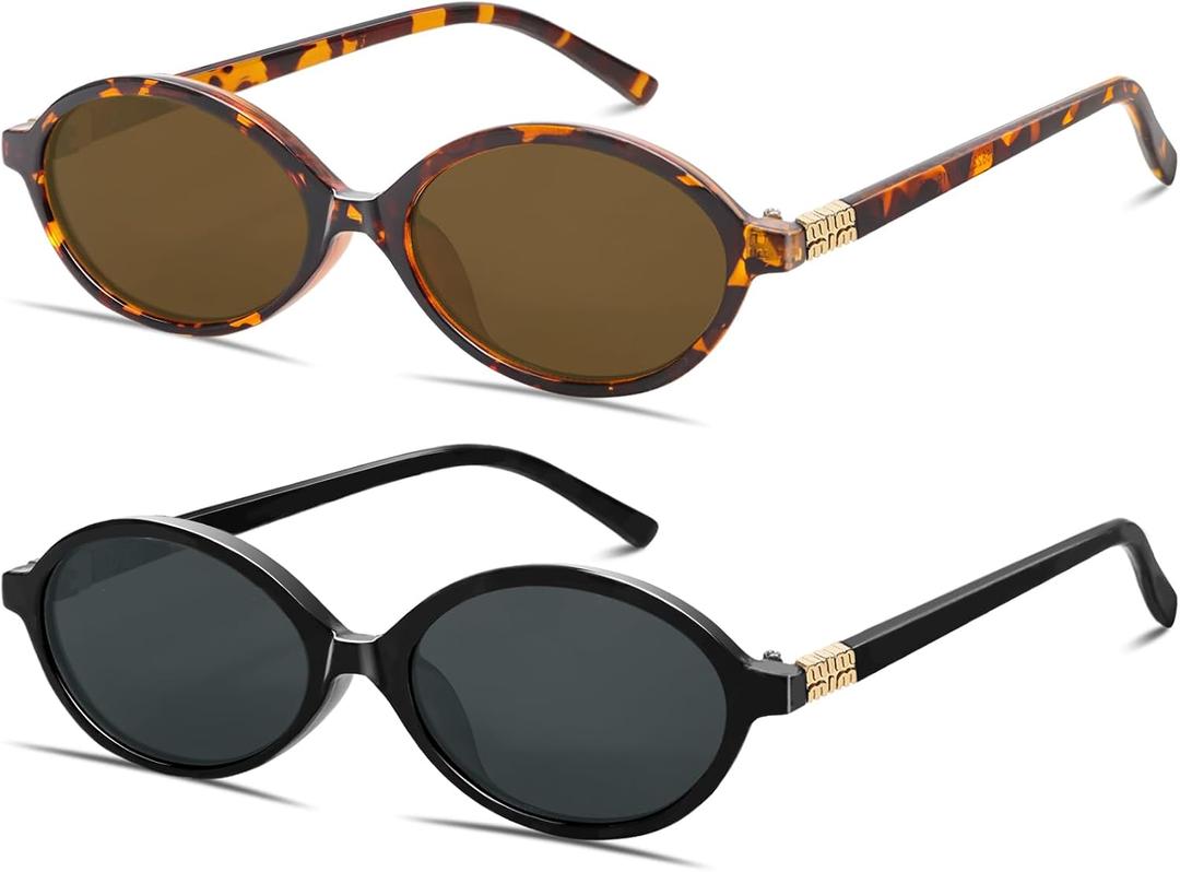 BOTEN Retro Oval Sunglasses for Women Men Small 90s Sun Glasses Trendy Round Shades Cute Designer Sunnies, 2 Pack Tortoise Frame/Brown Lens+black Frame/Grey Lens