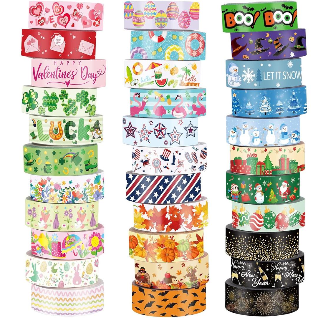 TaoBary 33 Rolls Washi Tape Set, 15 mm Holiday Washi Tape Set Seasonal Plaid Bohemian Colorful Vintage Cute for Card Wrapping Craft(Festive Style)