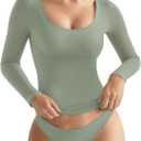 MANGOPOP Scoop Neck Long Sleeve Tops for Women Sexy Slim Fitted Going Out T Shirt Tops Cropped Army Green L 