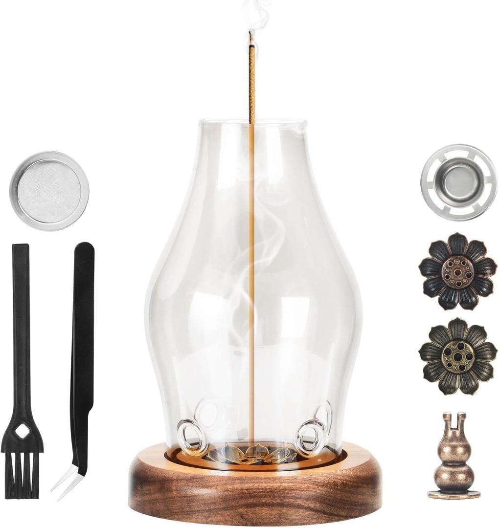 Glass Incense Holder for Sticks, Wooden Incense Stick Holder with Ash Catcher, Modern Insence-Stick Holder, Anti-Ash Flying Incent Holder for Yoga Spa Meditation Zen Home Decor (Transparent)