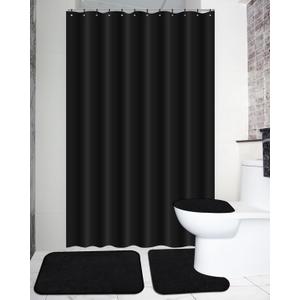 Hosuly 4 Pcs Bathroom Shower Curtain Set with Non Slip Rugs, Toilet Lid Cover and Bath Mat, Waterproof Bathroom Curtains with 12 Hooks Shower Set for Solid Color Bathroom Decor (Black)