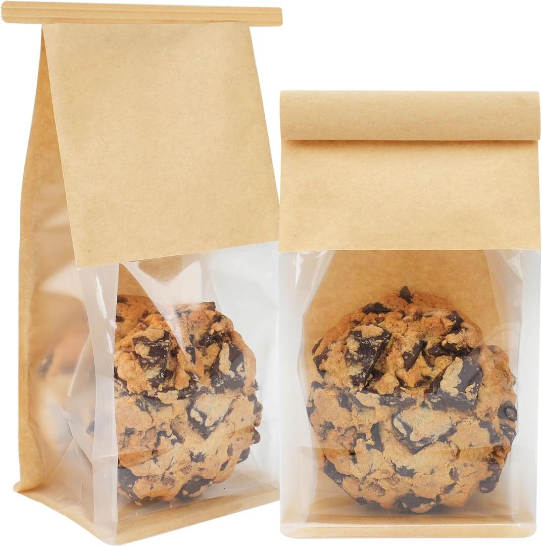 100 Pack Cookie Packaging Bags, 3.9x3.1x8.2 Inches Small Bakery Bags with Window Tin Tie Tab Lock Resealable Paper Treat Bag for Baked Goods Gift Giving and Bake Sale | Thick Material, Grease Resistant, Self Standing
