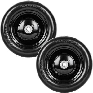 2 PCS 11x4.00-5" Flat Free Lawn Mower Tire on Wheel, 3/4" or 5/8" or 1/2" Bushing, 3.4"-4"-4.5-5" Centered Hub, Universal Fit Smooth Tread Tire for Zero Turn Lawn Mowers, with Universal Adapter Kit (Black)