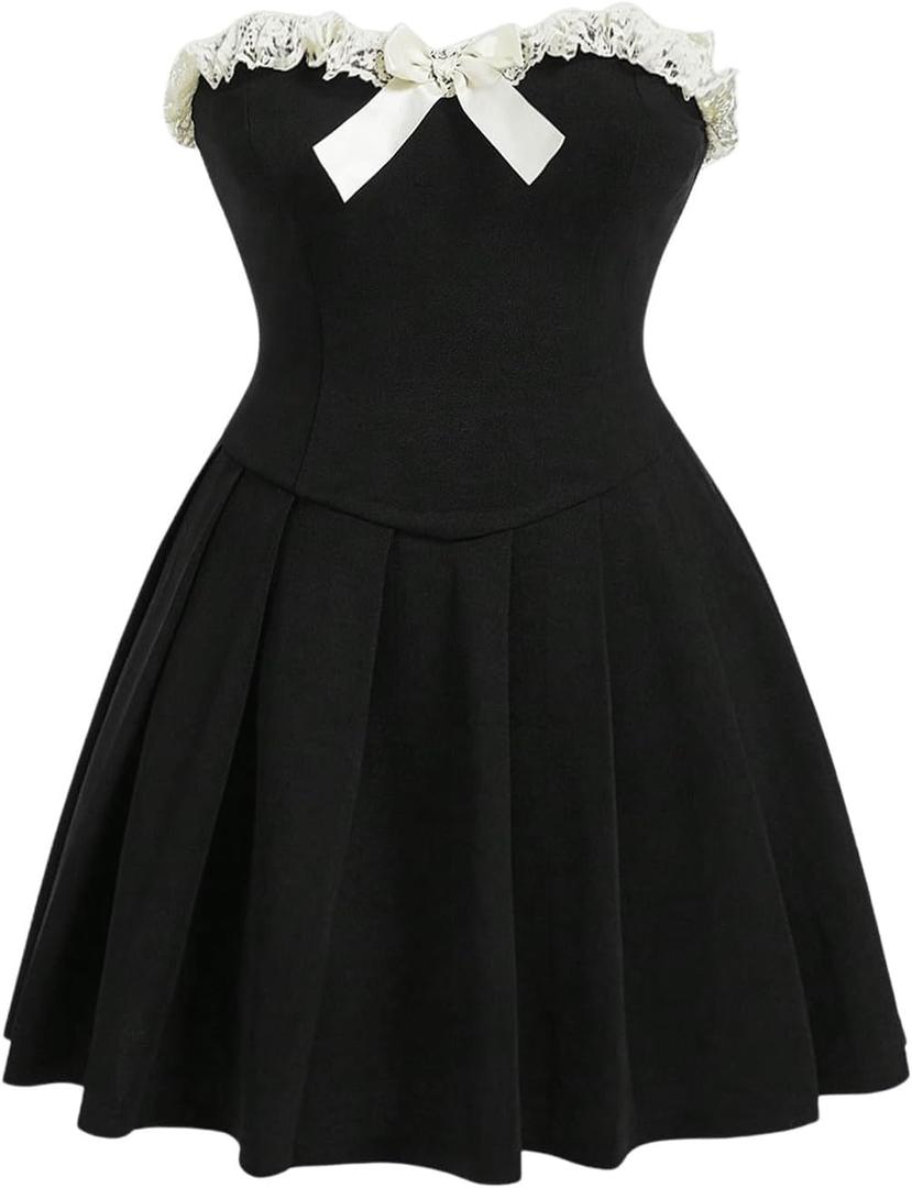 SOLY HUX Women's Plus Size Tube Dress Lace Trim Bow Strapless Sleeveless Pleated A Line Short Dresses 4X-Large Plus