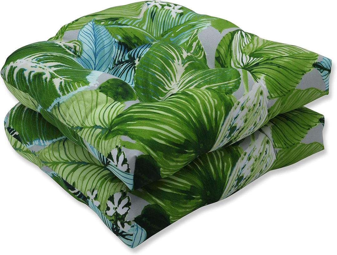 Pillow Perfect Tropic Botanical Indoor/Outdoor Tufted Wicker Seat Cushion, 2 Count, 19" x 19", Green Lush Leaf Jungle