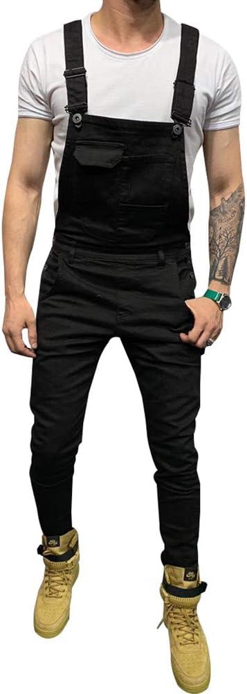 LONGBIDA Men's Denim Bib Overalls Fashion Slim Fit Jumpsuit with Pockets(Black, 3XL)