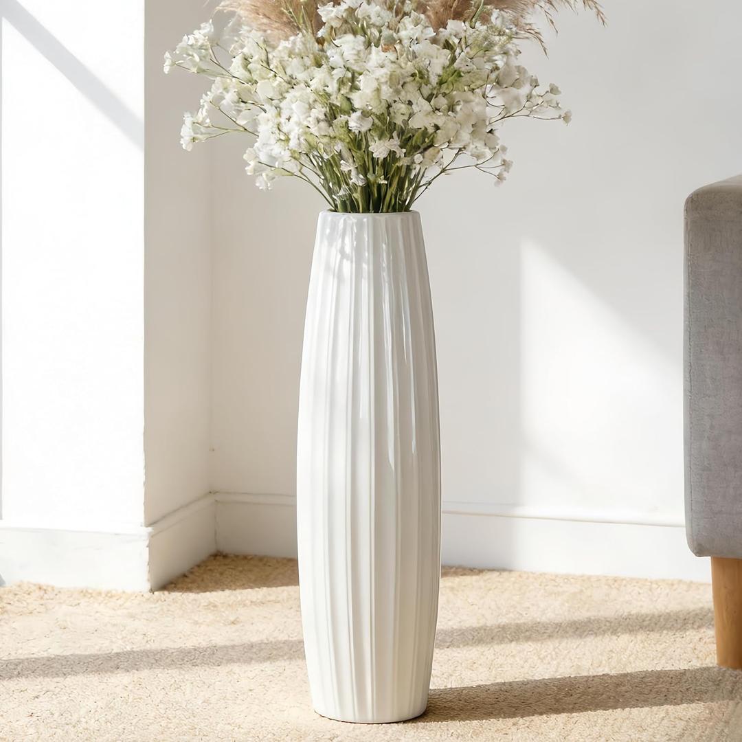 White Tall Ceramic Floor Vase, 28 Inch, Ribbed Drum Design