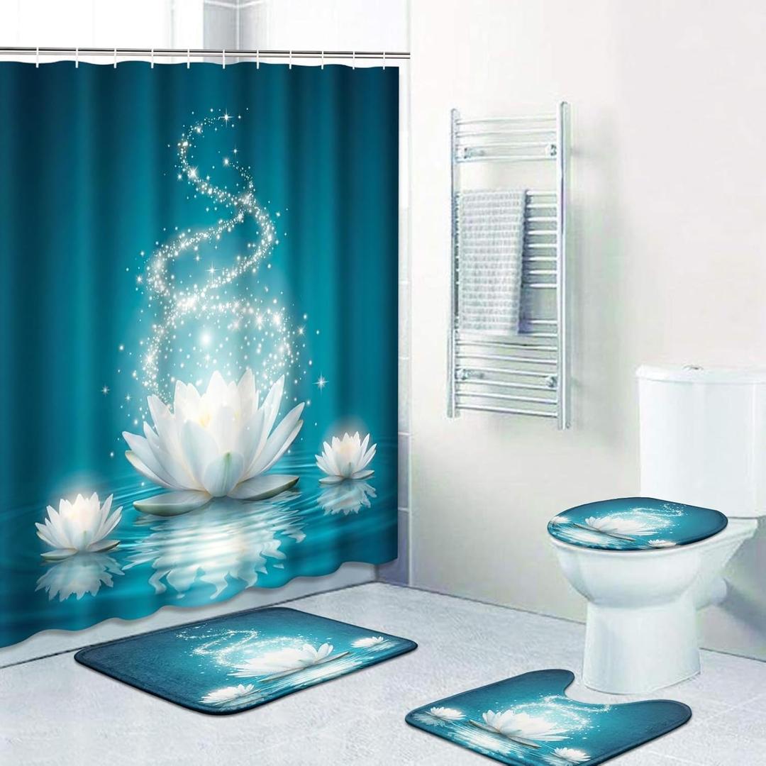 Britimes 4 Piece Shower Curtain Sets, with 12 Hooks, Magic Lotus Flower Turquoise Zen with Non-Slip Rugs, Toilet Lid Cover and Bath Mat, for Bathroom Decor Set, 72" x 72"