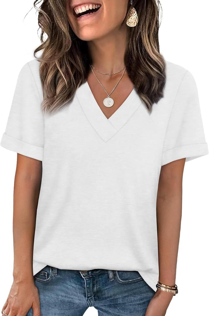 WIHOLL Womens Summer Tops Short Sleeve Basic Casual V Neck T Shirts Trendy Fashion 2026 (White, XL)