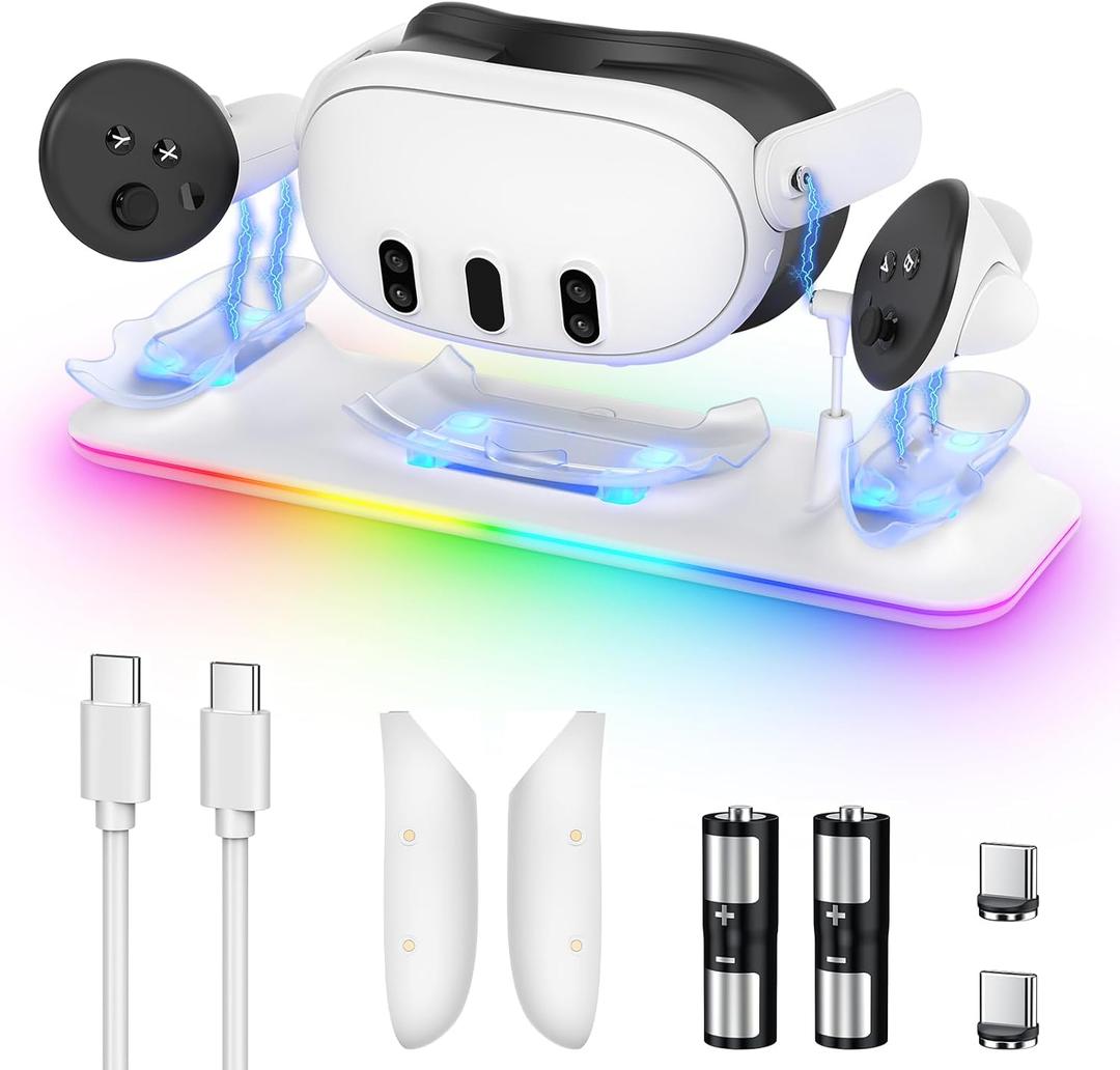 Charging Dock for Meta Quest 3S/3, YUANHOT Fast Charging Station with Color RGB Light for Oculus Quest 3S/3 Accessories, Magnetic Charger Stand for Headset/Controller with 2 Rechargeable Batteries