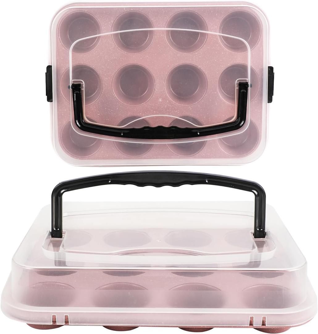 2-Pack Pink Cupcake Pan with Lid, 12-Cup Nonstick Cupcake Baking Pan with Handle for Easy Baking and Travel Perfect Cupcake Pan for Parties, Birthdays, and Gifting