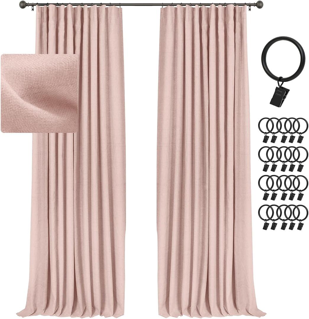 INOVADAY 100% Blackout Curtains for Bedroom, Black Out Curtains 84 Inch Long, Clip Rings Linen Blackout Drapes, Thermal Insulated Room Darkening for Living Room, 2 Panels - Blush Pink,W50xL84