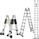 16.5 FT A Frame Telescoping Ladder, Adjustable Multi-Purpose Collapsible Extension w/Balance Bar & Wheels, Heavy Duty 330 lbs Max Capacity, Ideal for Home and Outdoor Work, Silver
