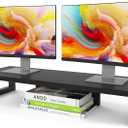 WESTREE Dual Monitor Stand Riser, Wood and Steel Monitor Stand Riser, Computer Monitor Stand for 2 Monitors, Multi-Purpose Desktop Storage Stand for Computer,Laptop,Printer,TV (Large, Black)