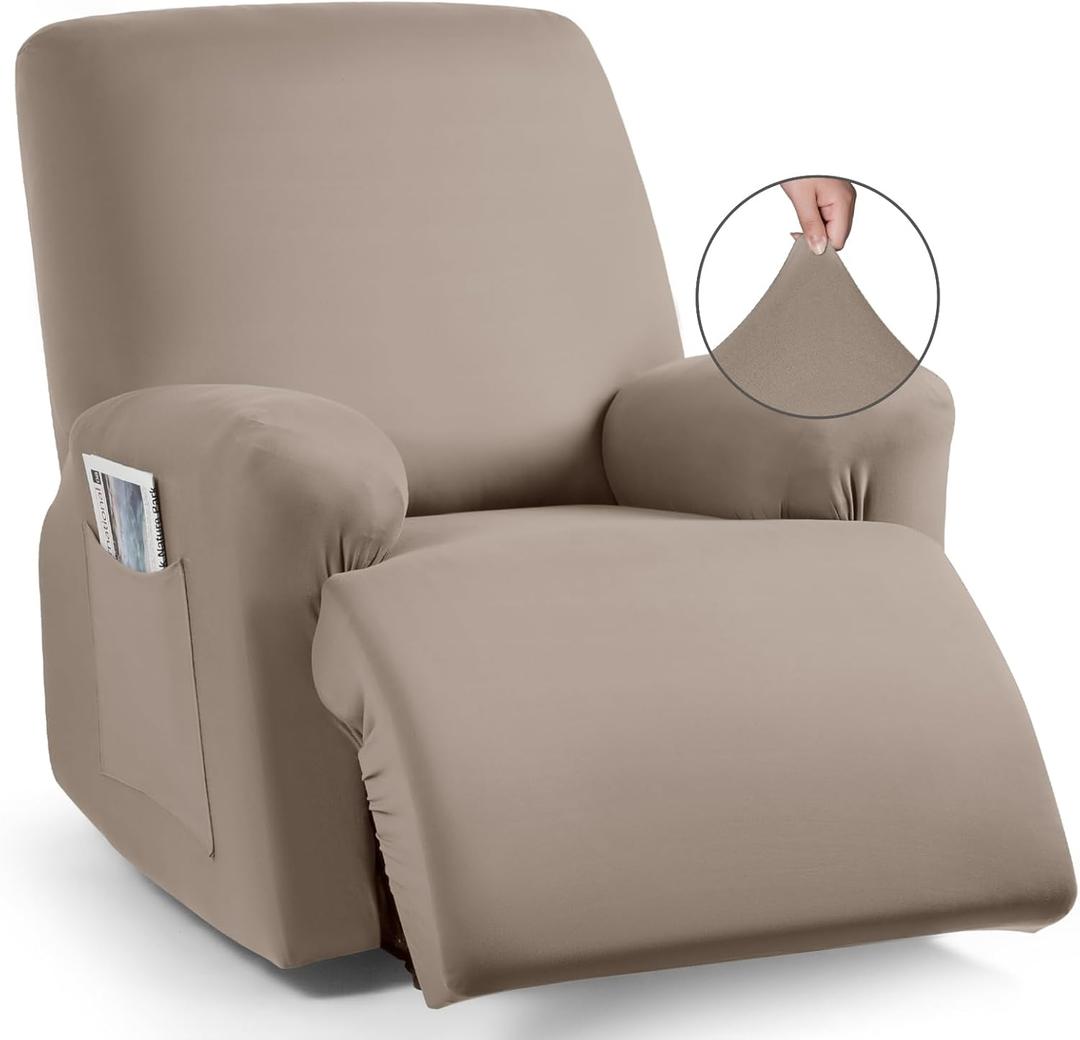 TAOCOCO Recliner Chair Covers 4-Pieces for Oversized Recliner, Stretch Recliner Slipcover for Large Recliners Washable Polyester Soft Fabric Furniture Protector (Oversized Recliner, Khaki)