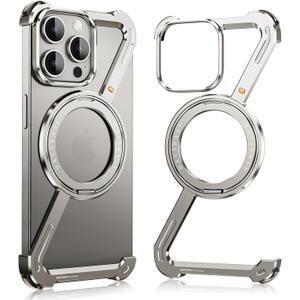 Metal Bumper Case for iPhone 15 Pro Max, Minimalist Z Aluminum Cover Design, Compatible with MagSafe, Ultra Thin Frameless Frame with 360 Rotatable Magnetic Ring, Natural Titanium