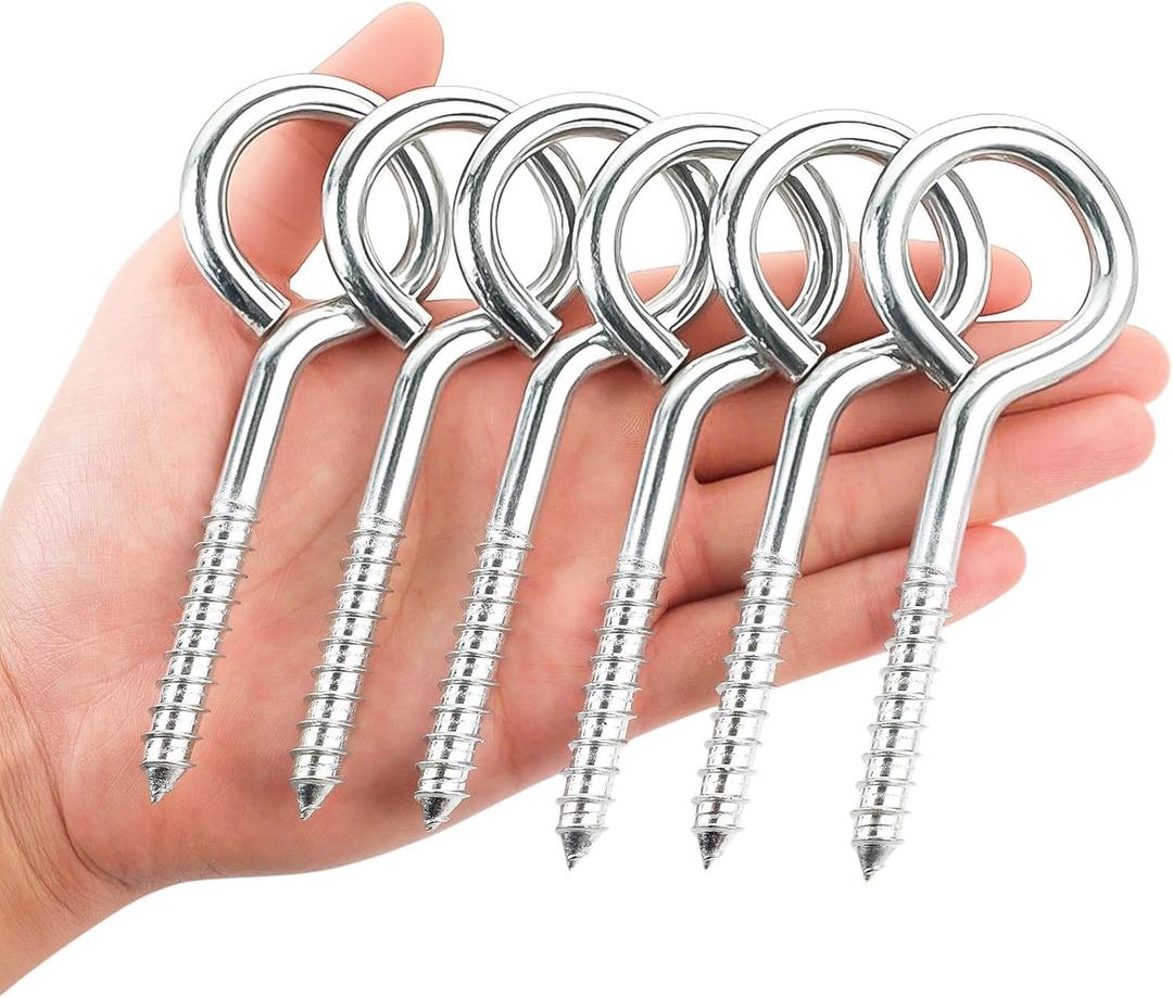 YGAOHF 5 Inch Large Eye Hooks Heavy Duty - 6 Pcs Eye Bolts Screw in Hooks Stainless Steel 500 LBS Breaking Strength, Strong Silver Eye Screws for Wood, Hanging Heavy-Duty Applications