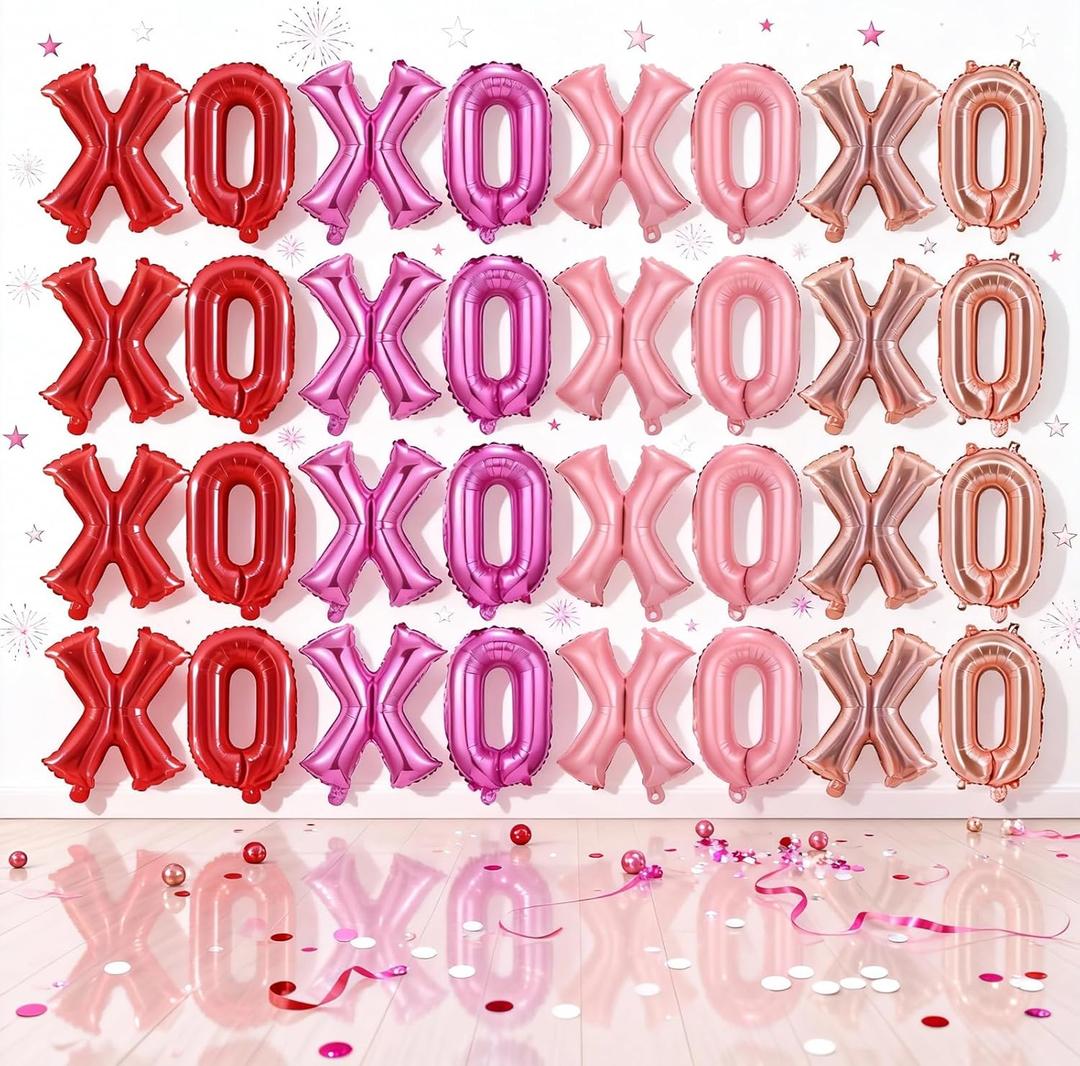 16 Pcs XO Valentines Balloons, 16 Inch Red Pink XOXO Letters Foil Mylar Balloons Banner Valentine Day Balloon Decorations for Romantic Galentines Day Bridal Shower Engagement Anniversary Party Decor (Gold)