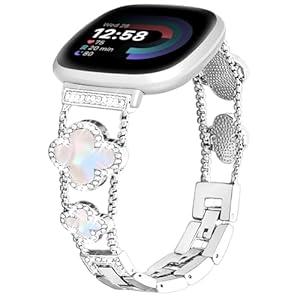 Shesyuki for Metal Bands, Compatible with Fitbit Versa 3/ 4, Fitbit Sense 2 Smart Watch, Diamond Four Leaf Clover Stainless Watch Strap for Women for Versa 3 4 Smartwatch (Silvery/ Iridescent)