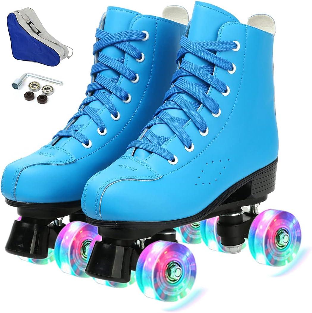 Women's Roller Skates PU Leather High-top Roller Skates Four-Wheel Roller Skates Shiny Roller Skates with Carry Bag for Girls (Blue Flash Wheel, Size: Women's 8.5 / Men's 7)