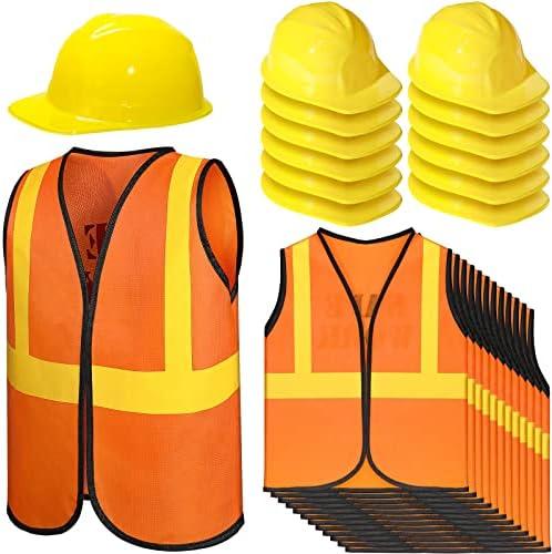 SATINIOR 24 Pcs Construction Birthday Party Supplies Kid Construction Hat and Vest Worker Costume Kids Role Play Dressing up, (Orange,17 x 13.7 Inches)