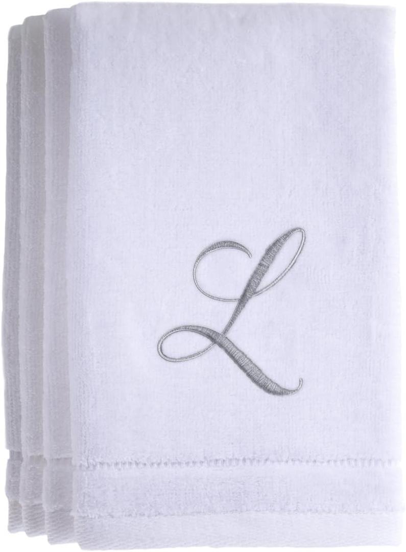 Monogrammed Towels Fingertip, Personalized Gift, 11 x 18 Inches - Set of 4- Silver Embroidered Towel - Extra Absorbent 100% Cotton- Soft Velour Finish - For Bathroom/ Kitchen/ Spa- Initial L (White)