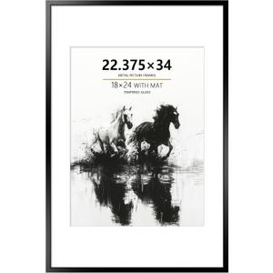 22.375x34 Metal Poster Frame - 22.375 x 34 Aluminum Picture Frame with Mat for 18x24 Photo, Tempered Glass Cover, Black Wall Hanging Photo Frame for Home Dcor