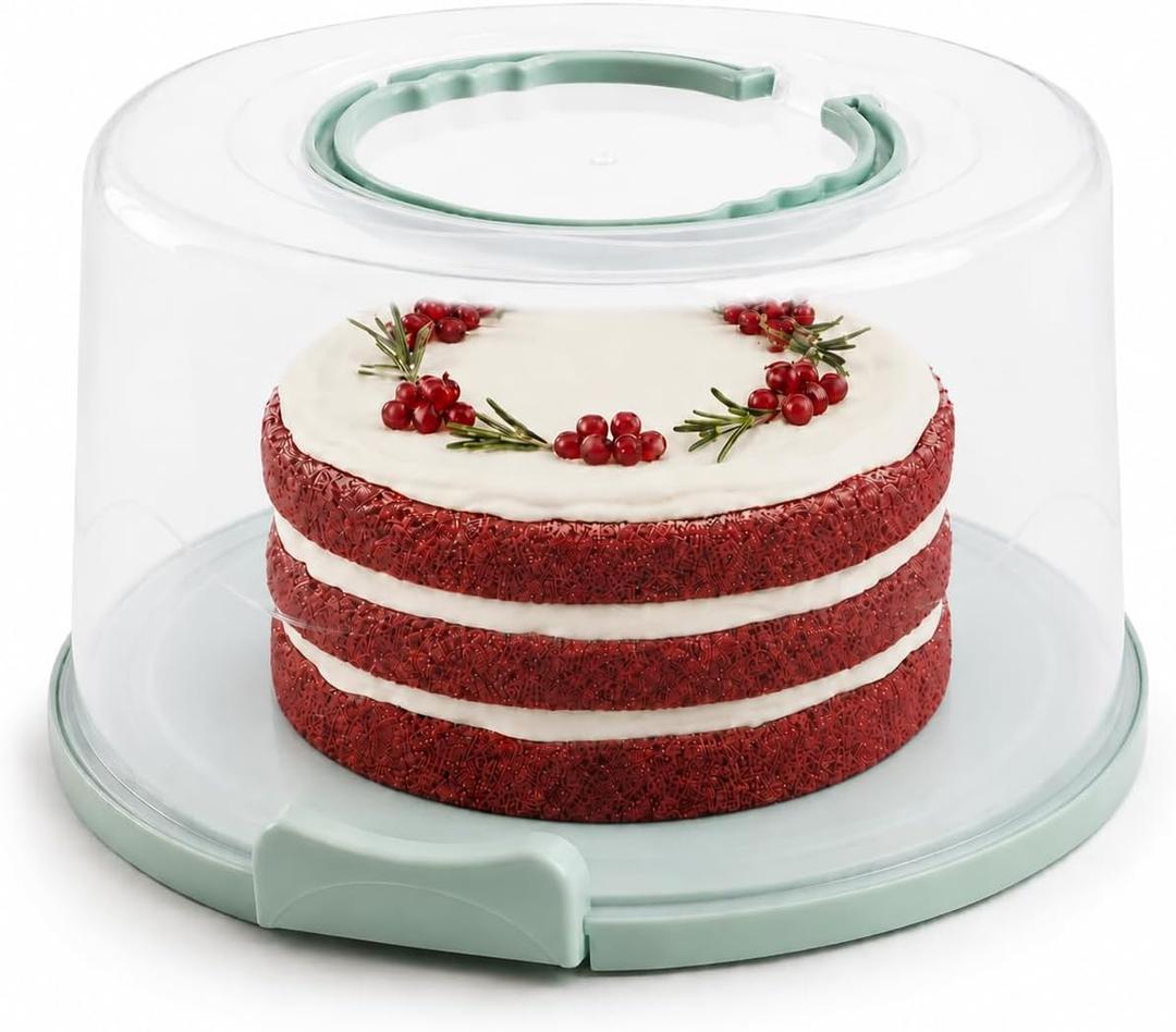 EXTRA LARGE & EXTRA STURDY Cake Carrier, Cake Stand with Lid and Foldable Handles - Multifunctional Serving Platter and Cake Plate - Cake Container with Dome and Strong Snaps 13 x 13 x 7 inch (Green)
