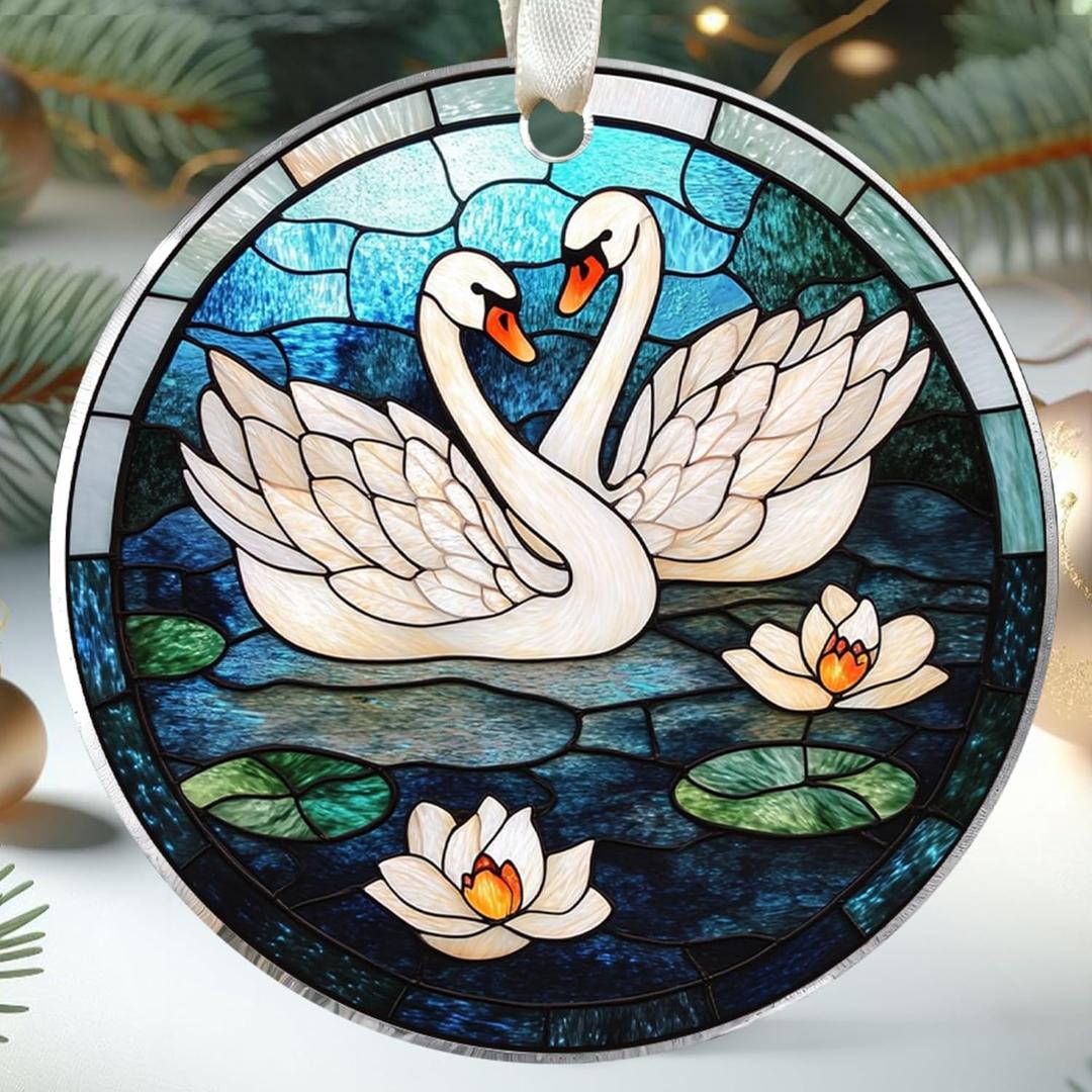 Swan Christmas Ornament - Swan Ornaments for Christmas Tree, White Bird Ornaments - Swans Gifts for Women, Nature Lovers - Stained Glass Style Acrylic Ornament 2025
