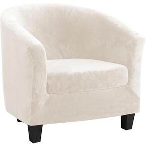 MIFXIN Tub Chair Slipcover 2-Piece Velvet Stretch Club Chair Cover with Cushion Cover Spandex Round Barrel Chair Couch Armchair Furniture Protector for Living Room Hotel (Beige)