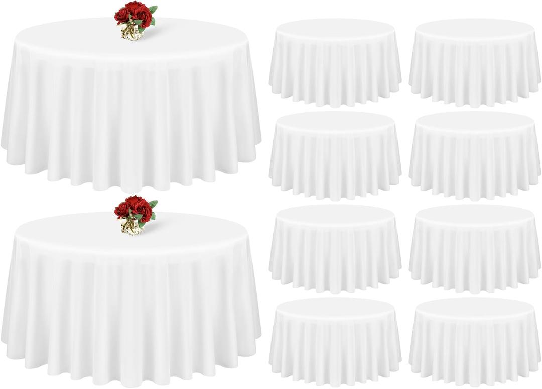 Showgeous 10 Pack White Round Tablecloth 108 Inch Polyester Table Cloth for Tables - Washable Decorative Fabric Covers for Wedding, Dining, Party, Banquet, Buffet
