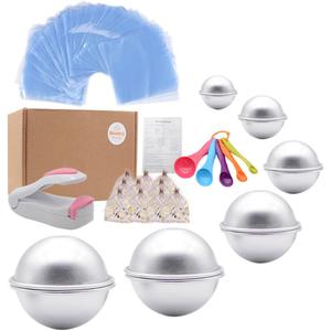 Bath Bomb Mold Set 228 Pieces - 200 Packs Shrink Wrap Bags,12 Pieces of DIY Metal Mould,Spoons,Gift Bags,Mini Heat Sealer (Instruction Included)