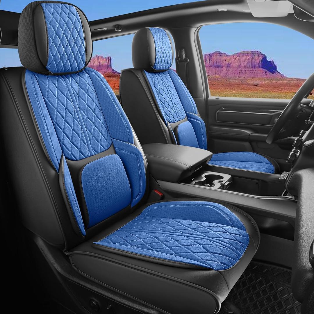 Car Seat Cover Custom Fit for Dodge Ram 1500 2500 3500 2002-2026 Faux Leather Seat Cover Set Compatible with Crew Quad Regular Cab Pickup Truck Cushions (Black & Blue, Full Set, Curved Rear)