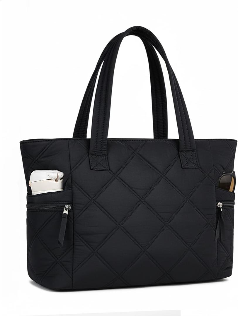 Prite Quilted Tote Bag for Women, Lightweight Puffer Tote with Zipper, Travel Work Nurse Gym Bag(Black)