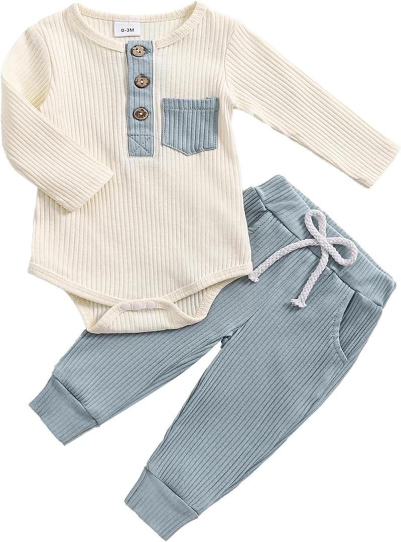 fhutpw Baby Boy Clothes 3 6 12 18 Months Ribbed Knitted Long Sleeve Romper and Pants Sets Newborn Fall Splicing Color Outfits (White&Blue, 6-12 Months)