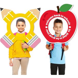 2Pcs Back to School Photo Props Frame Apple Pencil Photo Booth First Day of School Welcome Backdrops Decorations for Back to School Party Classroom Supplies