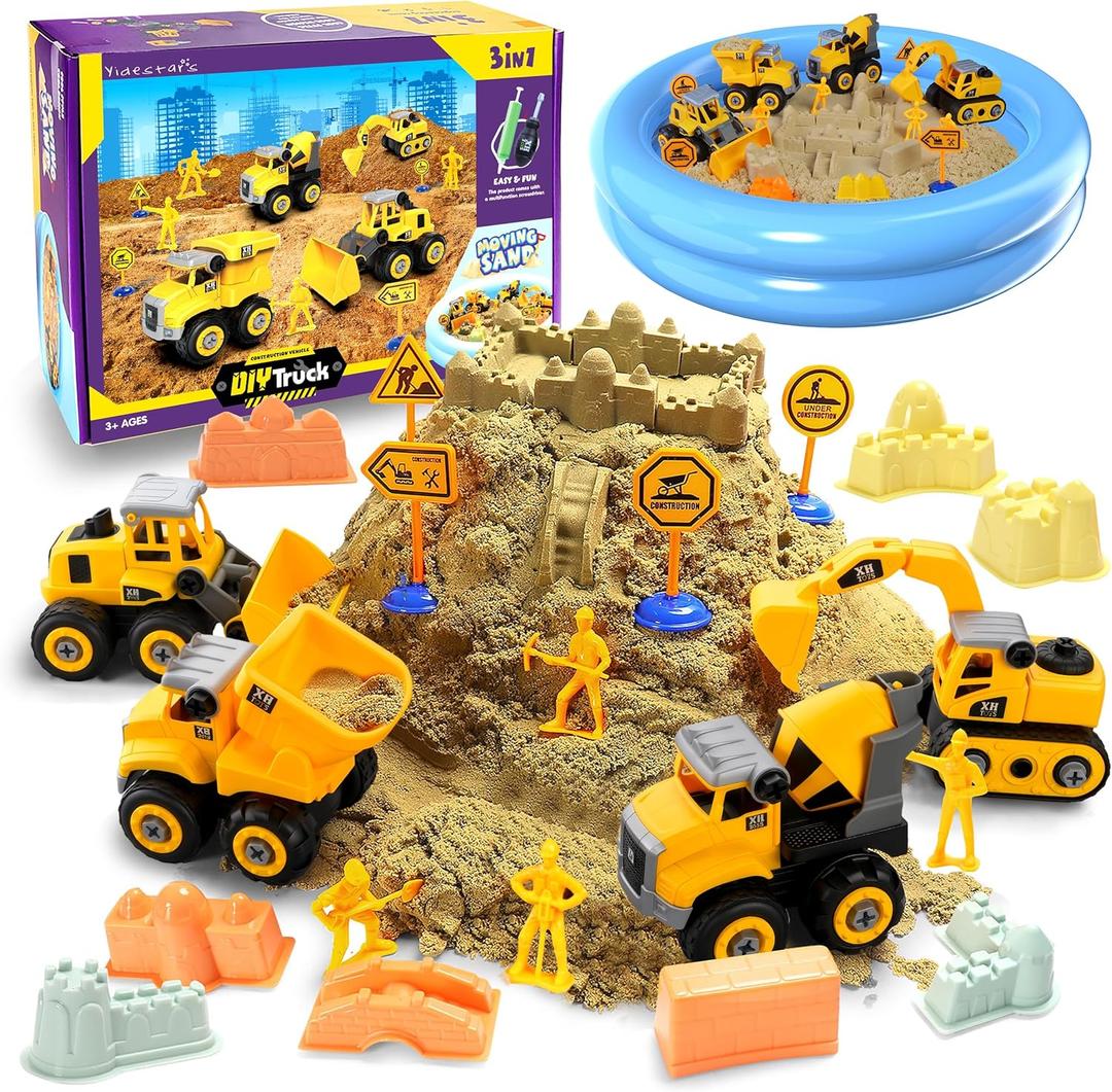 YIDESTARS Play Construction Sand Kit,2.2lbs Magic Sand W/4 Large Take Apart Construction Trucks,1 Sandbox,8 Worker Figures and Road Signs,8 Molds,Toys for 2-8 Years Old Boys Girls