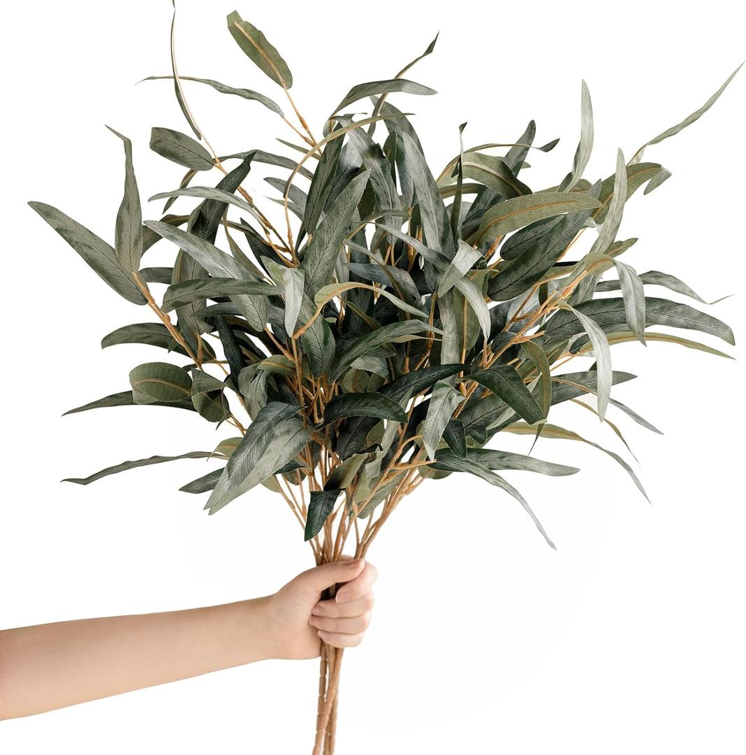 Lings Moment Artificial Plants Salix Leaves Branches,4Pcs 17.5"Tall Sage Green Fake Willow Greenery Filler Decor w/Stems, Lifelike Texture Plant Decor for Wedding Bouquets/Table Centerpieces, Office
