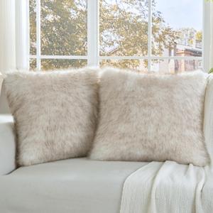 FUTEI Pack of 2 Faux Fox Fur Throw Pillow Covers 18x18 Inch Soft Fluffy Decorative Cushion Case Modern Farmhouse Accent for Couch Bed Living Room, Coffee White