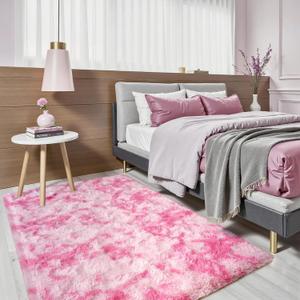 Terrug Fluffy Area Rug for Bedroom, Tie-Dyed Pink 3x5 Ft Throw Rug for Living Room Kids Room, Ultra-Soft Plush Washable Carpet with Non-Slip Rubber Backing, Cozy Floor Decoration