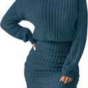 Women's Pullover Sweater Dress Long Lantern Sleeve Ribbed Knit Mock Neck Ruched Bodycon Casual Mini Dress 2025 (Peacock Blue)